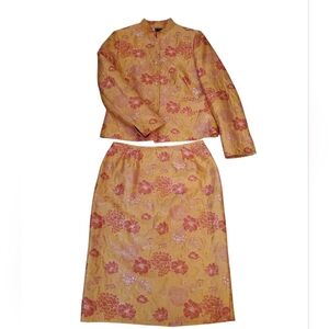 Vintage Kasper Orange Pink Brocade Mandarin Collar Tailored Suit Size 10
